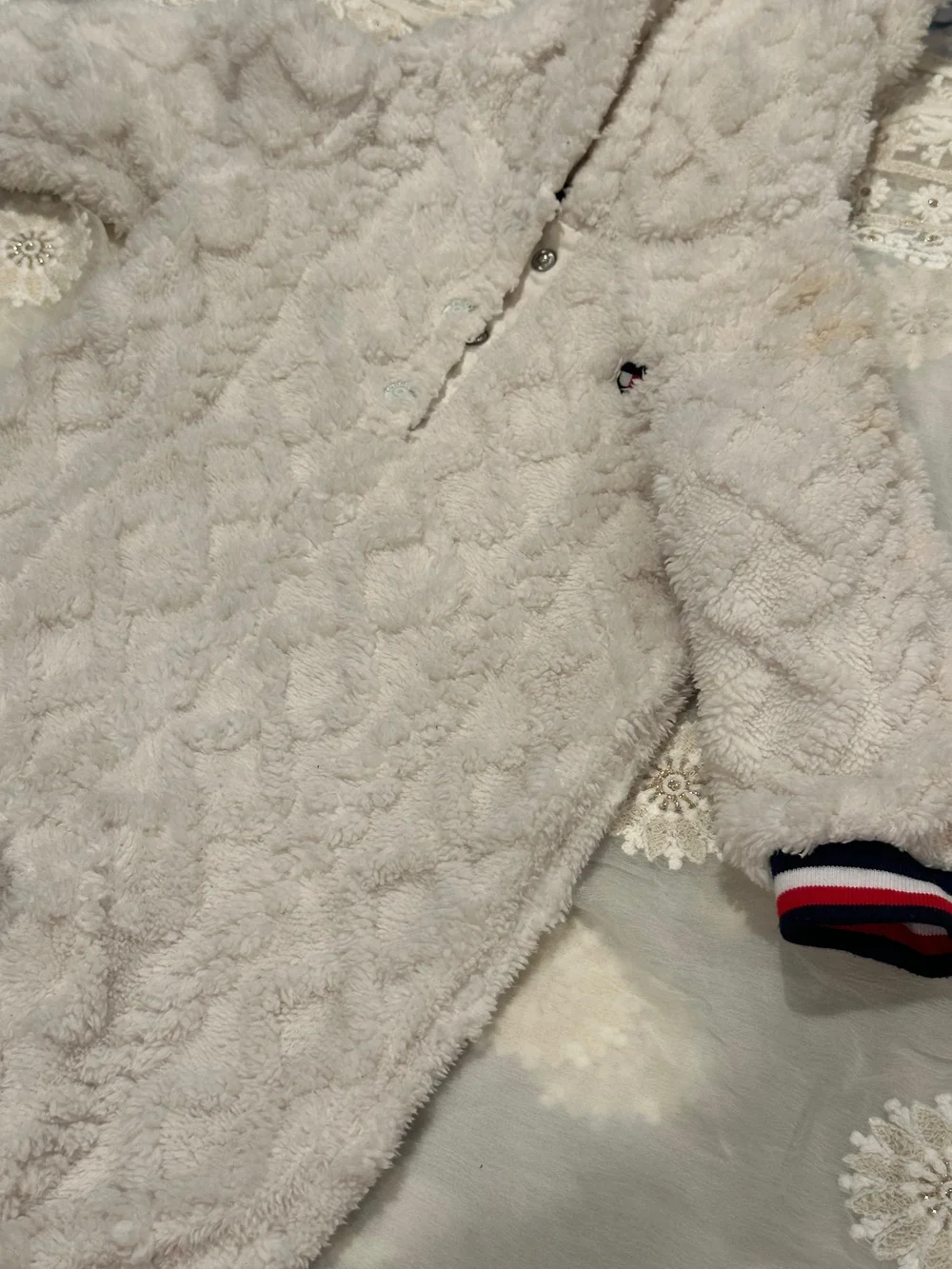 Tommy Hilfiger White Plush Hooded Baby One-Piece with Stripe Cuffs